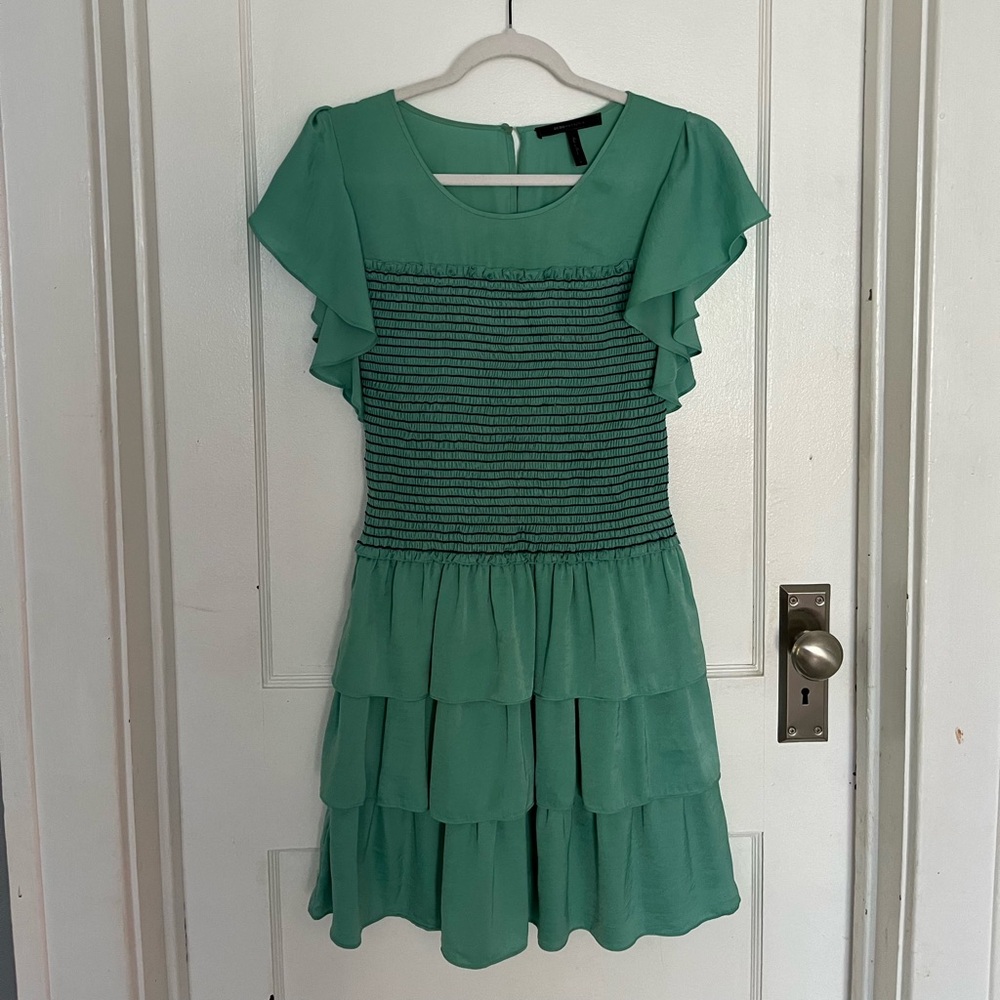 CLOSING SALE 
BCBG Y2K Vintage Aqua Ruffle Dress With A Dropped Waist And Smock